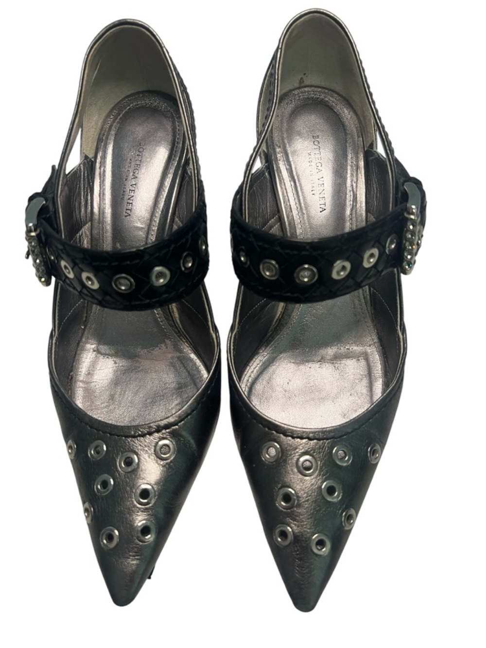 Bottega Veneta Black Leather Pointed Grommet Mary Jane Shoes Size 8